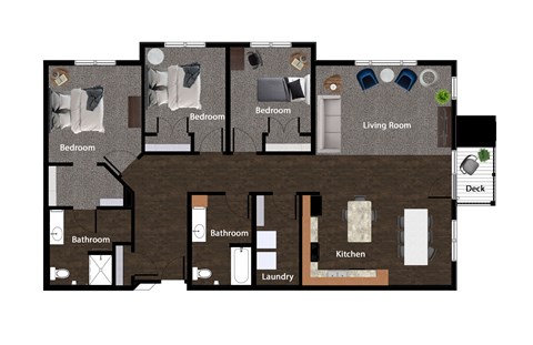 Floor plan for 3 beds, 2 baths, 1588 sqft